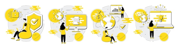 Illustrazioni del carattere aziendale Set di icone di trasferimento di denaro per la sicurezza informatica dell'idea aziendale Vettore