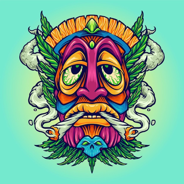 Illustrazioni di cannabis Tiki Joint Kush che fumano erba