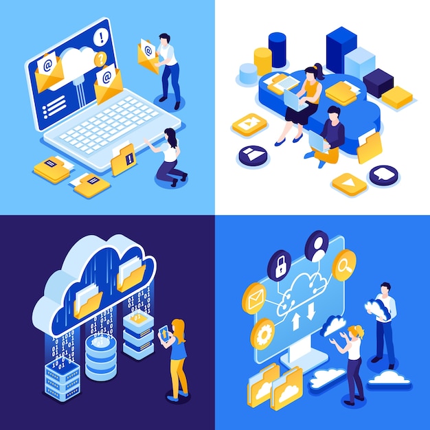 Illustrazioni di servizi di cloud computing in stile isometrico