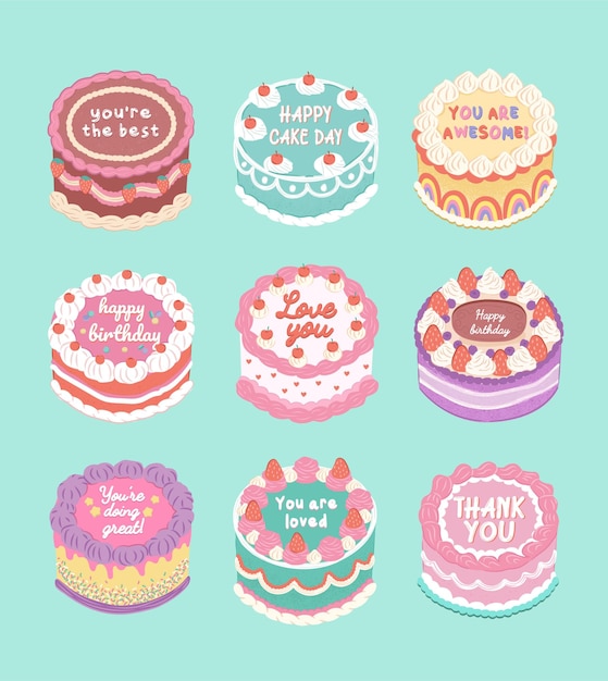 Illustrazioni di torte di dedicazione per feste di compleanno e motivazione