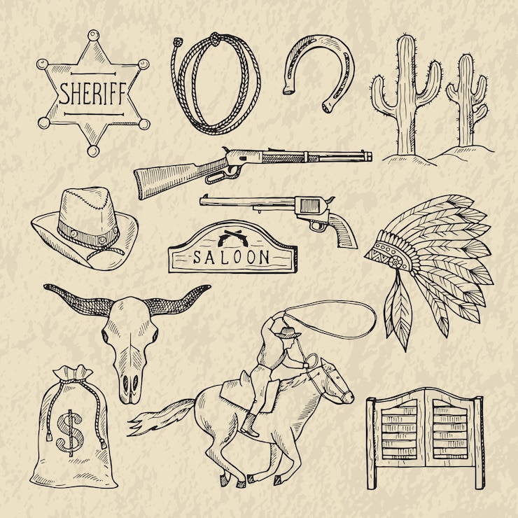 Vettore illustrazioni disegnate a mano monocromatiche di diversi simboli del selvaggio west. le immagini occidentali hanno impostato isolare. vintage selvaggio west, cactus e stella dello sceriffo