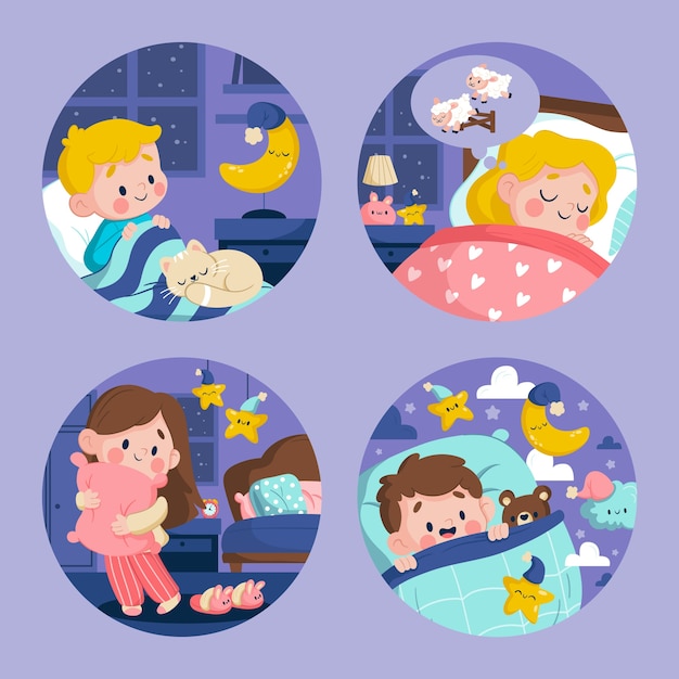 Illustrazioni per la notte in stile cartone animato piatto