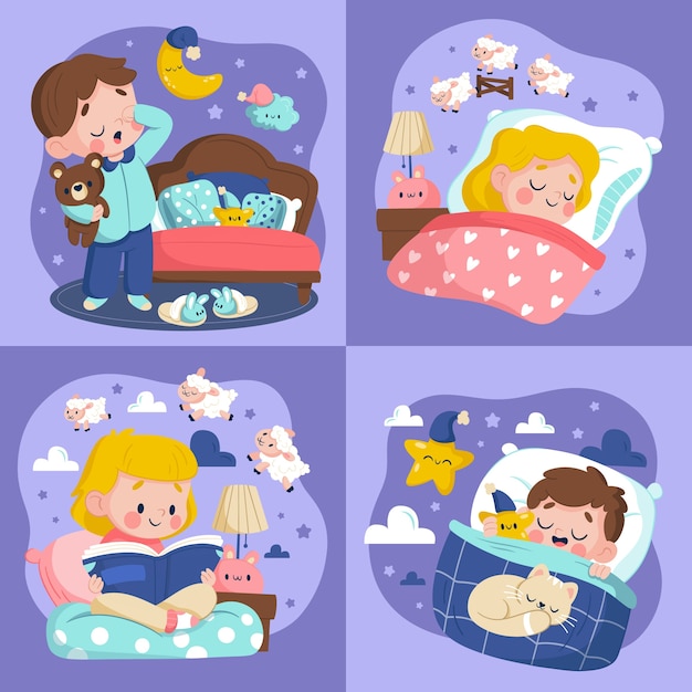 Illustrazioni per la notte in stile cartone animato piatto