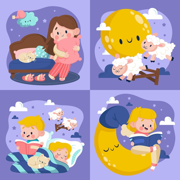 Illustrazioni per la notte in stile cartone animato piatto