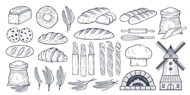 Illustrazioni vettoriali di pane e panetteria disegnate a mano