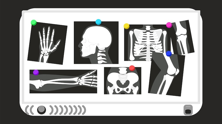 Vettore illustrazioni vettoriali di varie immagini a raggi x di parti del corpo umano immagini a raggi x a cartoni animati sono attaccate alle ossa della tavola delle braccia e delle gambe cellula toracica del cranio delle ossa pelviche dello scheletro