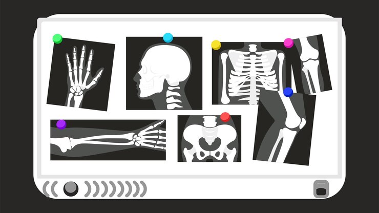 Vettore illustrazioni vettoriali di varie immagini a raggi x di parti del corpo umano immagini a raggi x a cartoni animati sono attaccate alle ossa della tavola delle braccia e delle gambe cellula toracica del cranio delle ossa pelviche dello scheletro