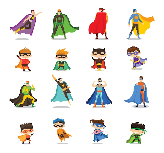 Illustrazioni vettoriali in design piatto di supereroi per bambini maschi e femmine in costume da fumetto divertente
