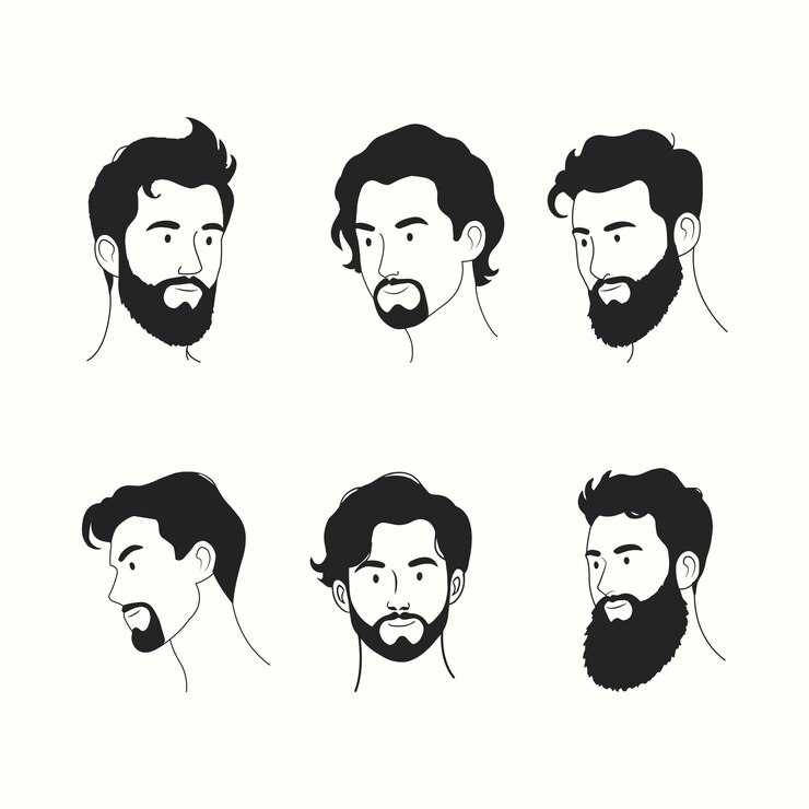Illustrazioni vettoriali maschili in stile retro con tagli di capelli ispirati a gentiluomini, barba e baffi
