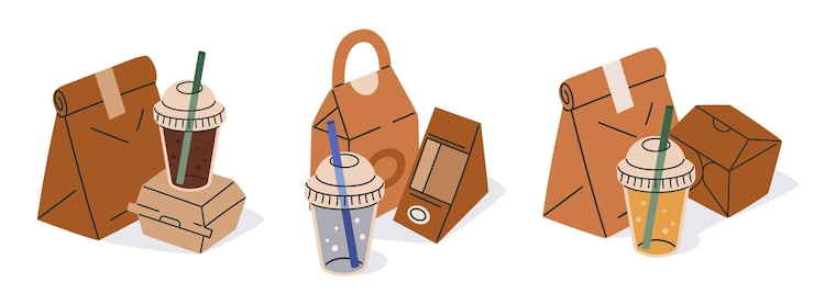 Vettore imballaggi in carta per fast food contenitori in carta o cartone da asporto scatola di borsa di carta e tazza di plastica per la consegna di alimenti scatole di cibo usa e getta set di illustrazioni vettoriali piatte