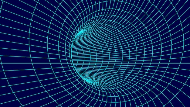 Imbuto futuristico Tunnel di viaggio spaziale Wireframe Wormhole blu astratto con deformazione superficiale