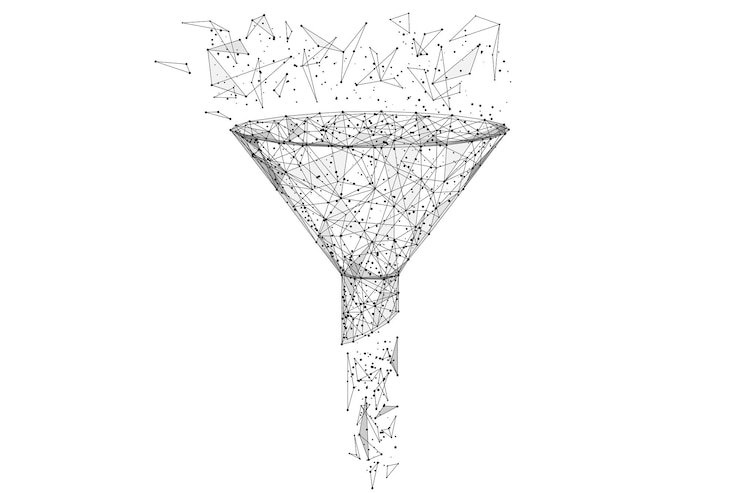 Vettore imbuto low poly wireframe isolato nero su sfondo bianco abstract mash line e punto origami