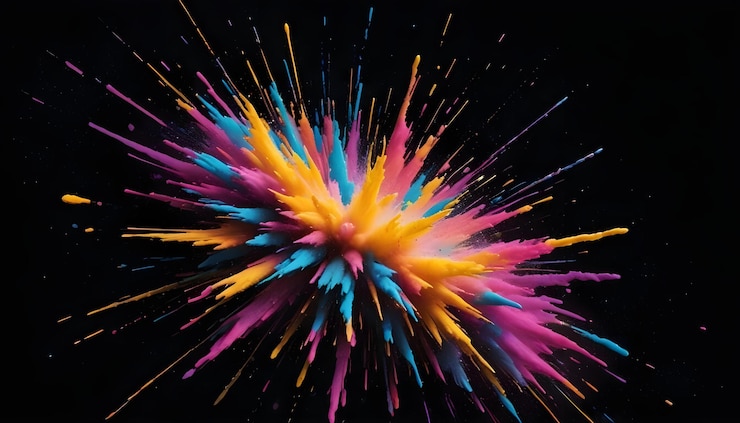 Vettore immagine astratta di un'esplosione colorata di vernice che crea un effetto visivo dinamico ed energetico su uno sfondo nero