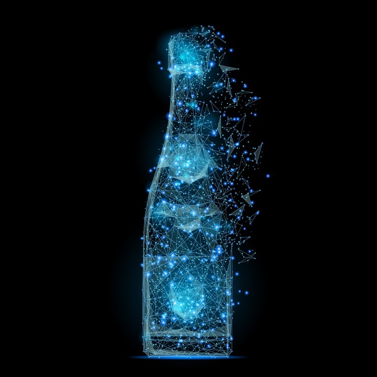 Vettore immagine astratta di una bottiglia di champagne low poly a forma di cielo stellato o spazio,