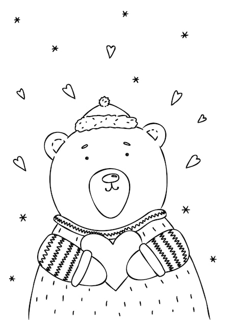 Immagine da colorare vettoriale di un orso con un cappello e un maglione caldo che tiene un cuore