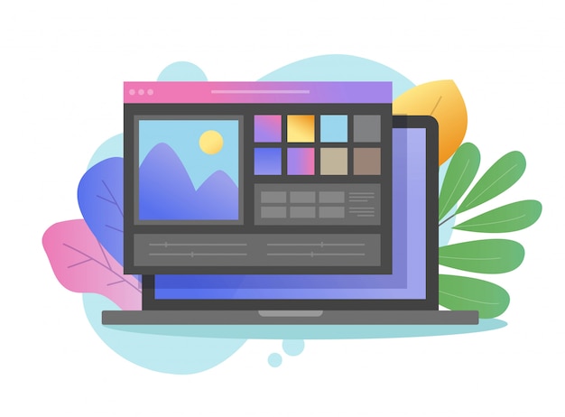Immagine dello studio dell'artista che crea sul programma di disegno digitale o sul software online di colore scuro di immagine online di app dell'editor di foto sul fumetto piano del computer portatile del pc