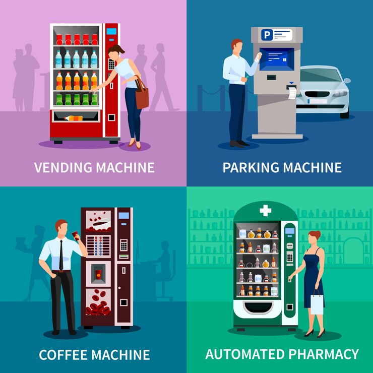 Vettore immagine di concetto del distributore automatico con parcheggio e macchine da caffè