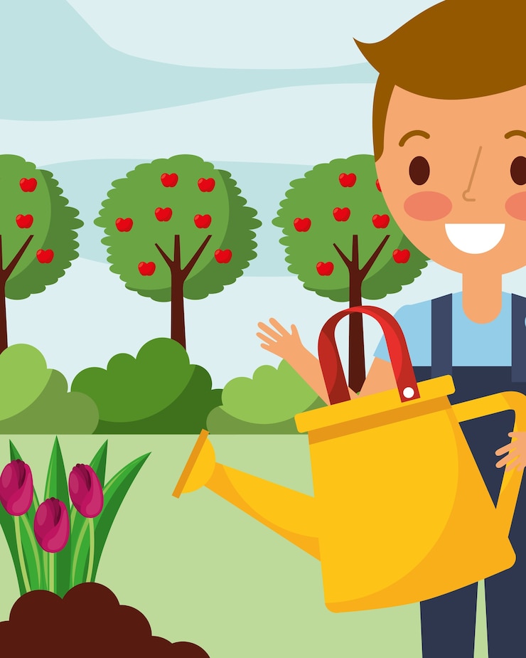 Vettore immagine di giardinaggio dei fiori dei tulipani d'innaffiatura del ragazzino