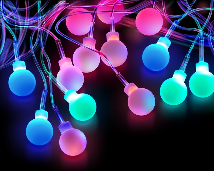 Vettore immagine di lampadine colorate di natale su sfondo scuro