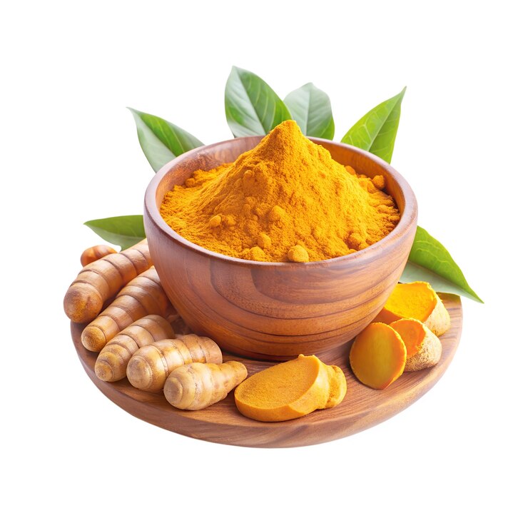 Vettore immagine di polvere di curcuma con curcuma