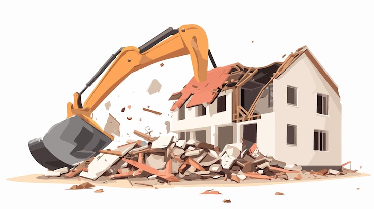 Vettore immagine di scavo del concetto di costruzione di edifici di demolizione professionale