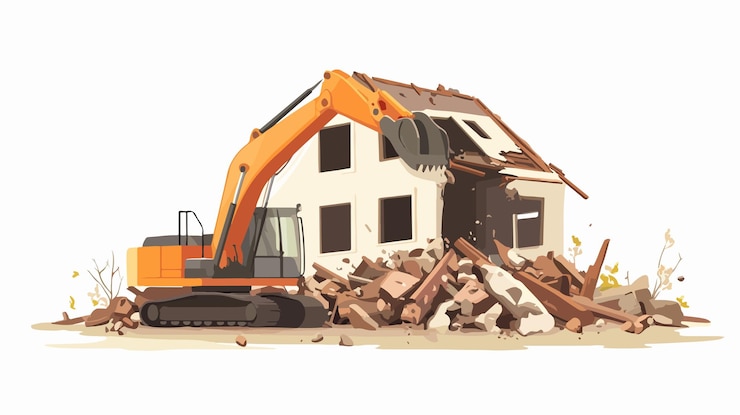 Vettore immagine di scavo del concetto di costruzione di edifici di demolizione professionale