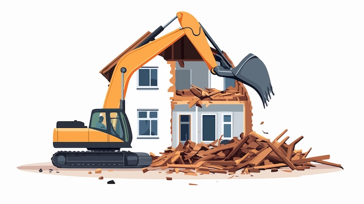 Vettore immagine di scavo del concetto di costruzione di edifici di demolizione professionale