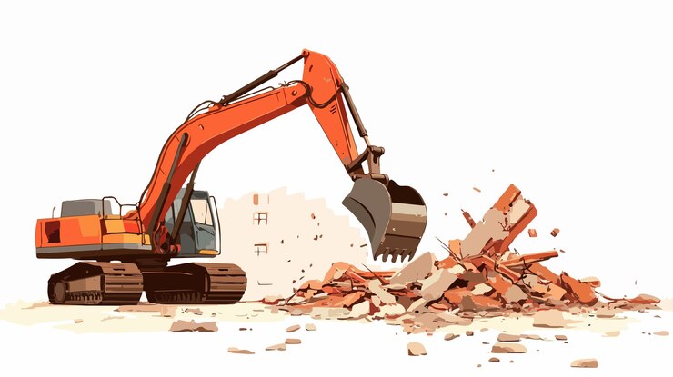 Vettore immagine di scavo del concetto di costruzione di edifici di demolizione professionale