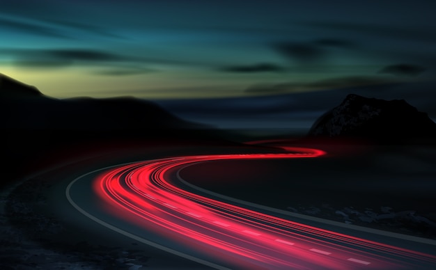 immagine di un'esposizione a lungo termine a veicoli leggeri su un'autostrada su uno sfondo di tramonto colorato