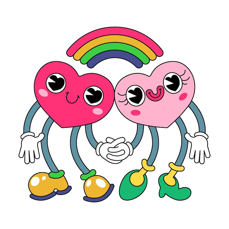 Vettore immagine isolata di due cuori che si tengono per mano in stile cartone animato retrò. una coppia innamorata, ragazzo e ragazza, che si tengono per mano a forma di cuore, arcobaleno sopra di loro. schema di disegno, sfondo bianco. vettore.