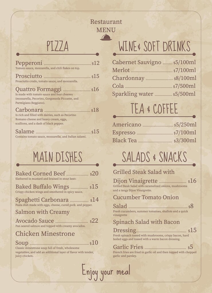 Vettore immagine vettoriale del menu del ristorante eseguita in vecchio stile