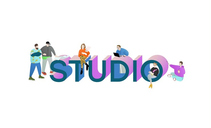 Vettore immagine vettoriale studio di testo 3d circondato da persone ispirate che lavorano