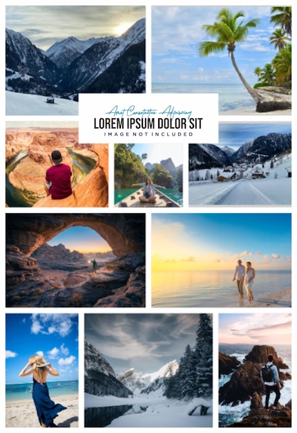 Immagini di vacanza o fotogrammi collage e modello di parete fotografica digitale