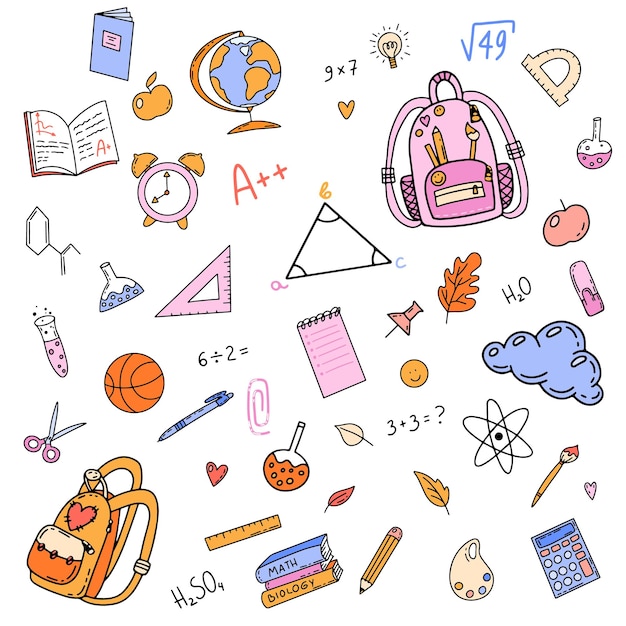 Immagini vettoriali disegnate a mano di materiale scolastico in stile doodle Raccolta di diverse cose scolastiche colorate Concetto di istruzione