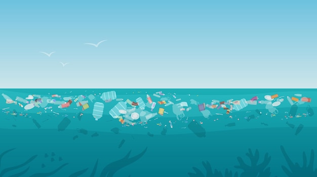 Immondizia nel paesaggio naturale dell'acqua dell'oceano di mare inquinato con rifiuti di rifiuti di bottiglie di plastica