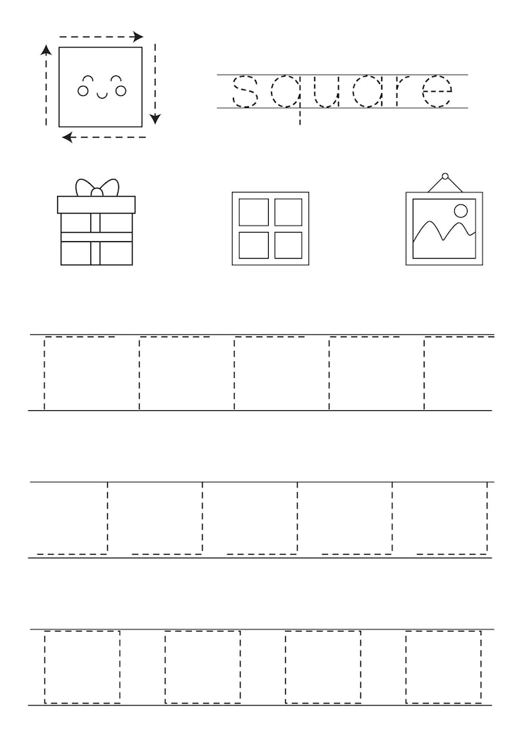 Vettore imparare le forme geometriche di base per i bambini. quadrato bianco e nero.