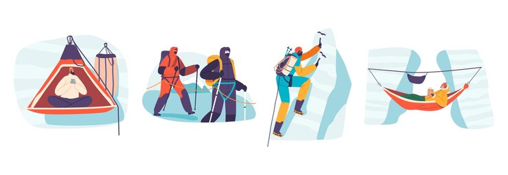Vettore impavidi personaggi dello scalatore di roccia conquistano scogliere imponenti sfidando la gravità con ogni presa e passo la loro determinazione e abilità li spingono verso altezze emozionanti illustrazione vettoriale di persone dei cartoni animati