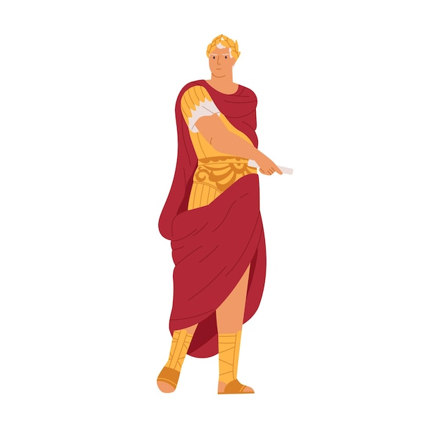 Imperatore romano in corona d'alloro e mantello. Gaio Giulio Cesare, dittatore e generale dell'antica Roma. Giulio Cesare, personaggio storico. Illustrazione vettoriale piatta isolata su sfondo bianco