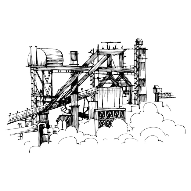 Impianto chimico dei polimeri. Edifici di produzione ed edifici industriali, disegnati a mano in stile schizzo.