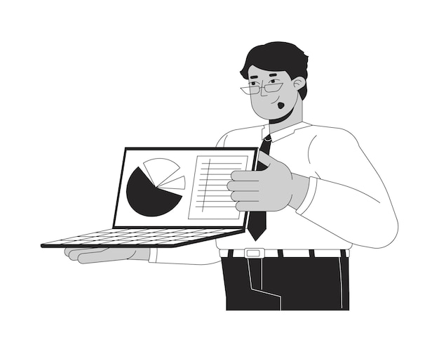 Impiegato maschio con un portatile pie chart bianco e nero 2D personaggio di cartoni animati
