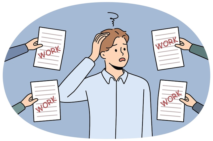 Vettore impiegato maschio confuso sopraffatto dalle lettere di lavoro