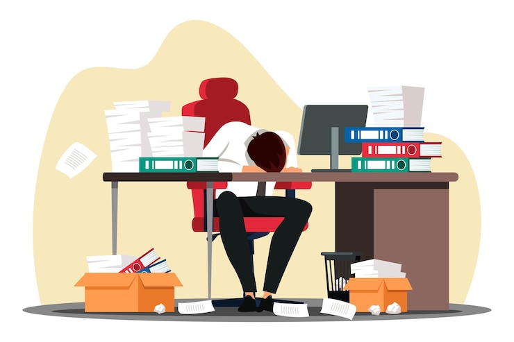 Vettore impiegato oberato di lavoro che dorme sulla scrivania sul posto di lavoro
