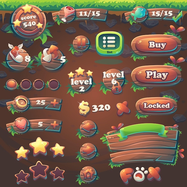 Imposta gli elementi di Feed the fox GUI match 3 per il videogioco web