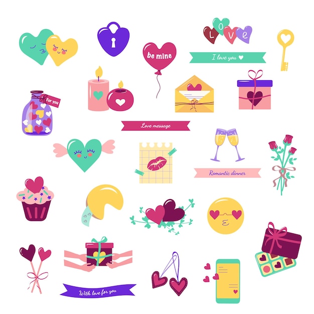 Imposta icone luminose al neon per pittogrammi alla moda multicolori di San Valentino di chiave regalo cuore e serratura l...
