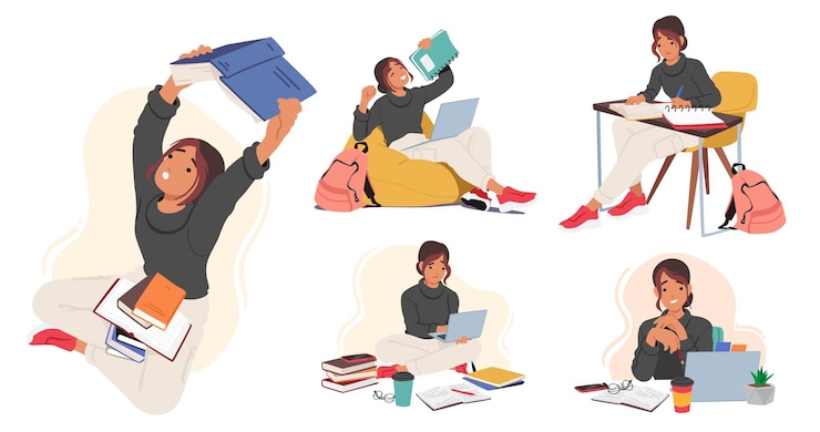 Vettore imposta il carattere della studentessa in diverse situazioni imparare a prepararsi per il lavoro d'esame sul computer portatile seduto alla scrivania con il libro