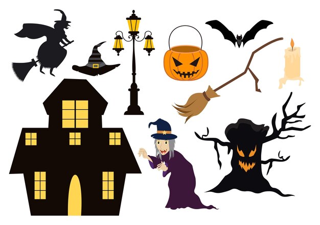 Imposta l'illustrazione vettoriale degli elementi di Halloween con vari tipi di cose come fantasmi, zucche, teschi, caramelle e altri modelli di sfondo dei cartoni animati