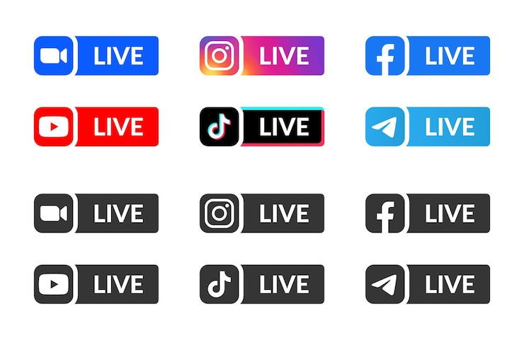 Vettore imposta lo streaming online in diretta sui social media badge zoom instagram facebook youtube tiktok telegramma