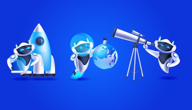 Imposta robot moderni con globo a razzo e concetto di scoperta dell'intelligenza artificiale del telescopio