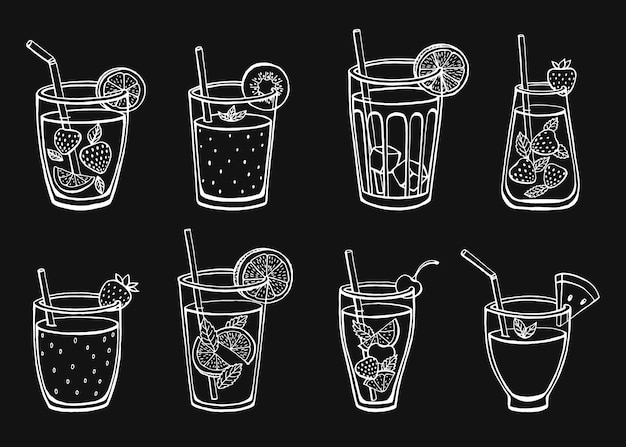 Impostare bevande analcoliche estive isolate su sfondo bianco Limonata classica e fragola tè freddo mojito anguria kiwi fresco e frullato di fragole Menu immagini vettoriali in stile schizzo