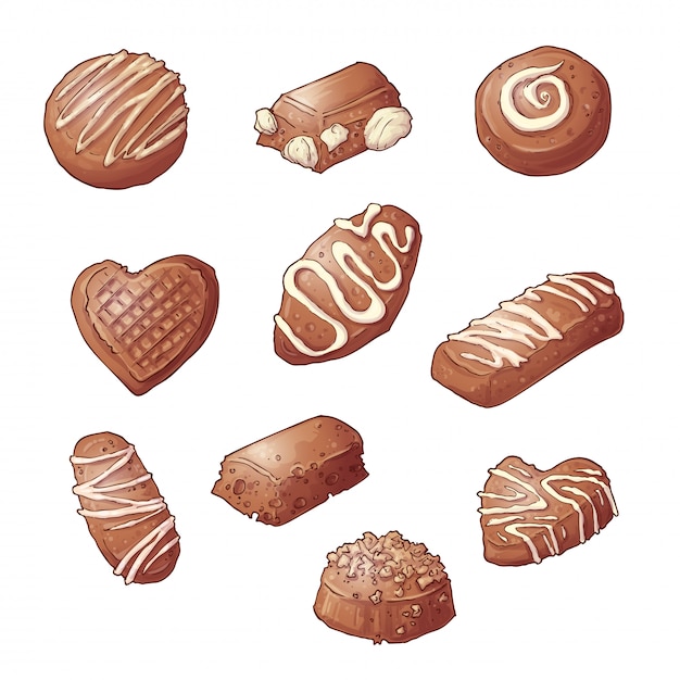 Impostare caramelle al cioccolato. Illustrazione vettoriale Disegno a mano